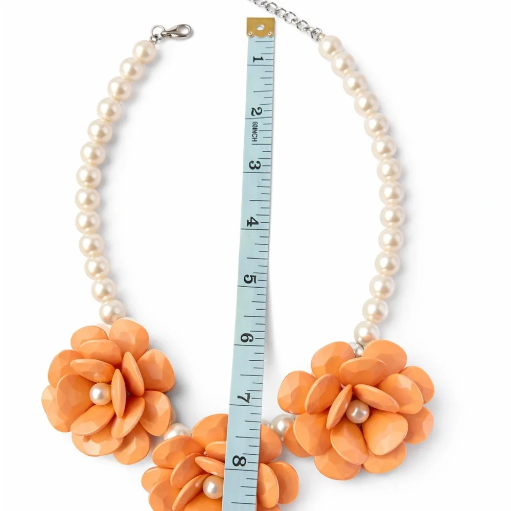 Vintage Orange Lucite Flower Statement‎ Necklace w/ Faux Pearl Strand